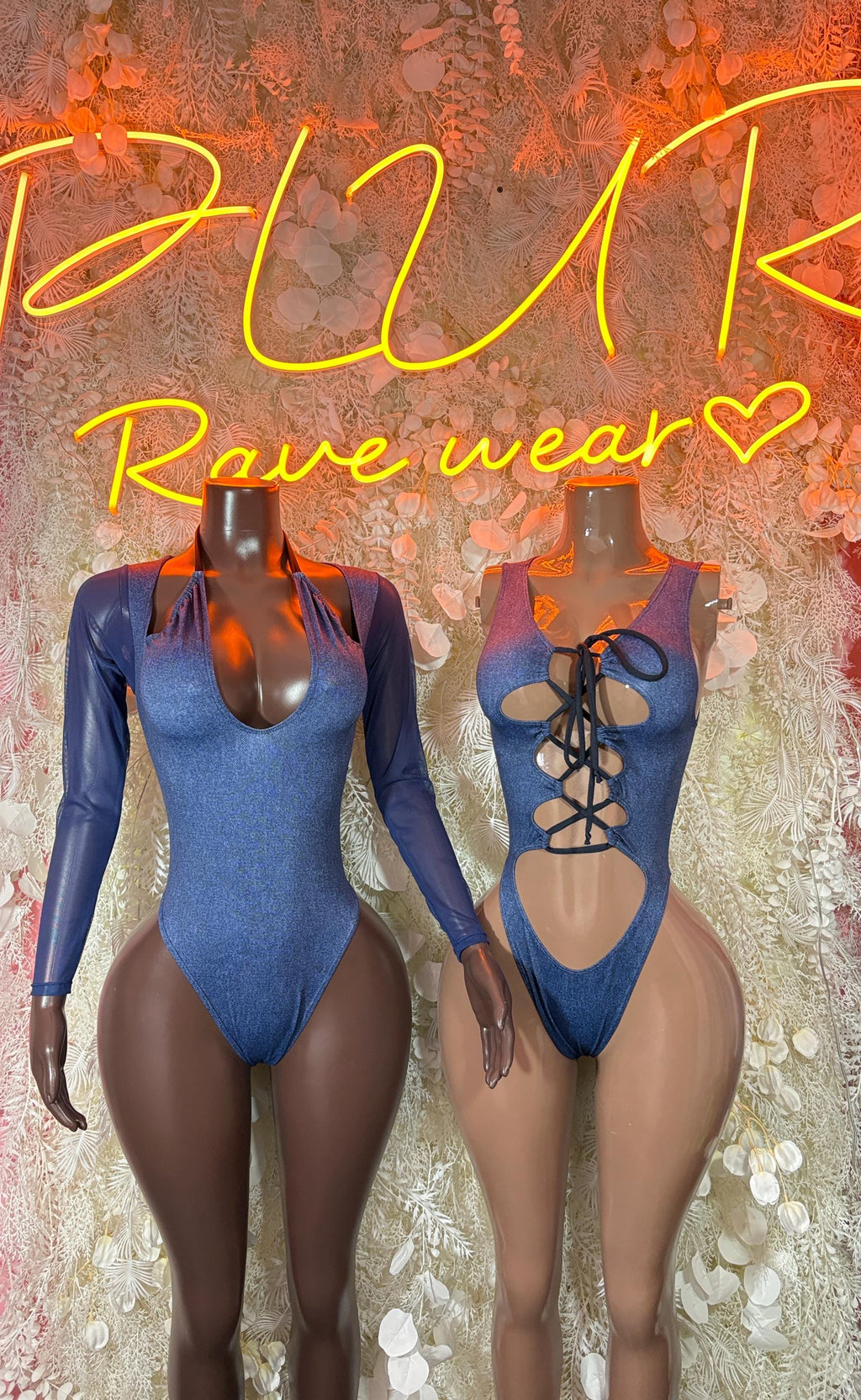 Blue long-sleeve denim-print bodysuit with lace-up corset front and plunging neckline