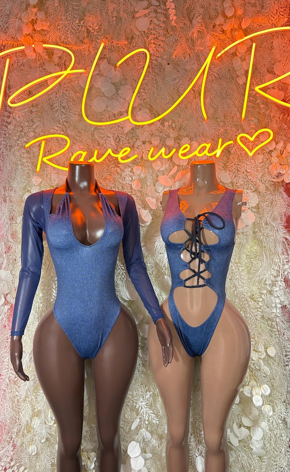 Blue long-sleeve denim-print bodysuit with lace-up corset front and plunging neckline
