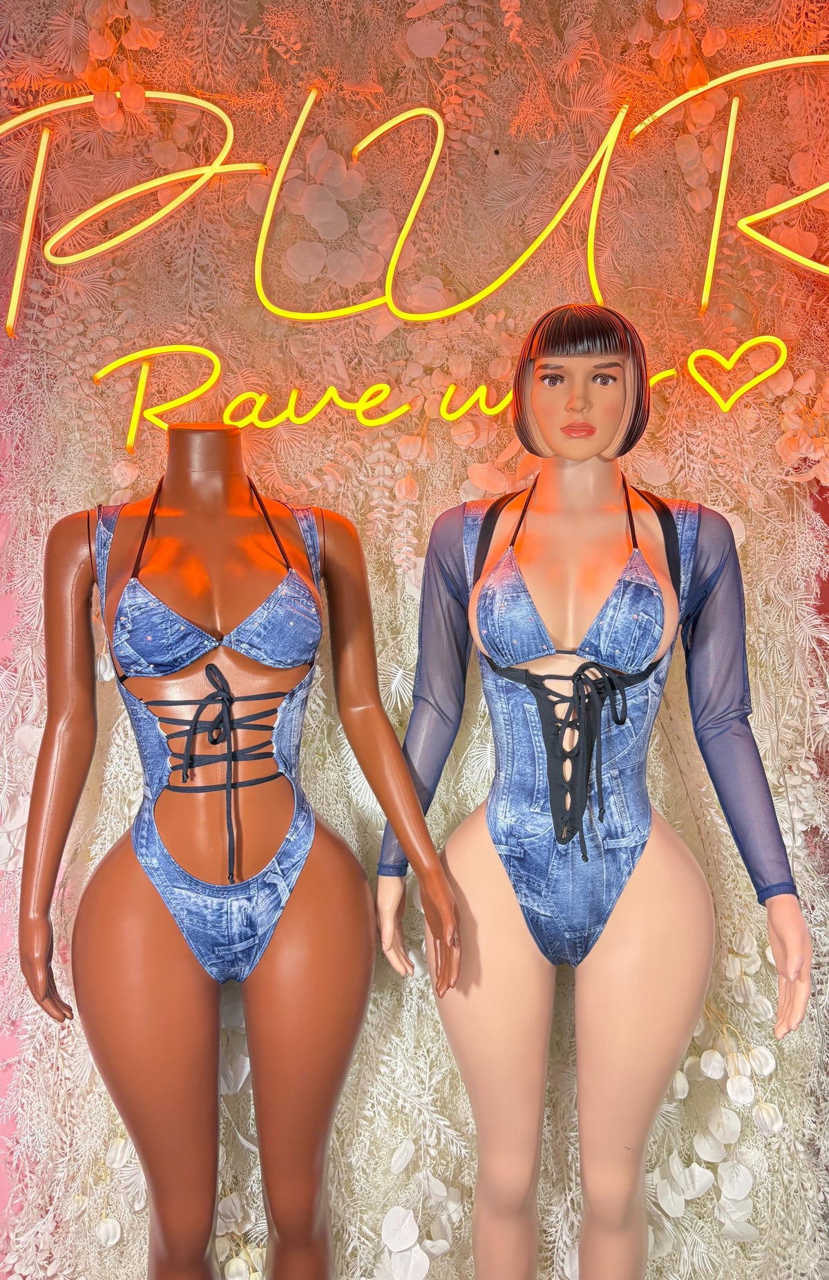 Denim print bodysuit with front corset ties, plunging neckline, and long sleeves