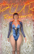 Denim print long-sleeve bodysuit with front lacing and plunging neckline