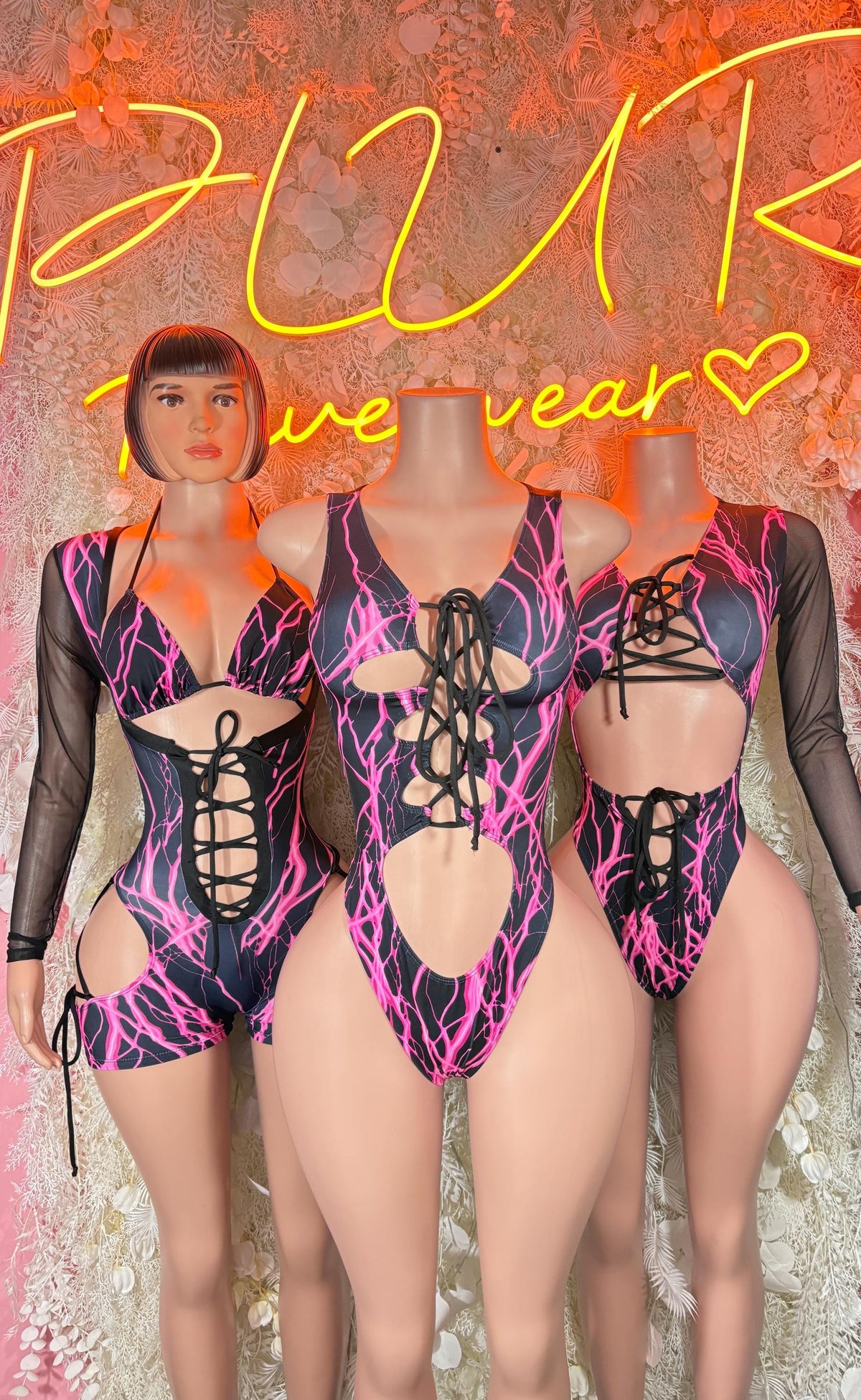 Pink and purple lightning print lace-up bodysuit romper with long sheer sleeves