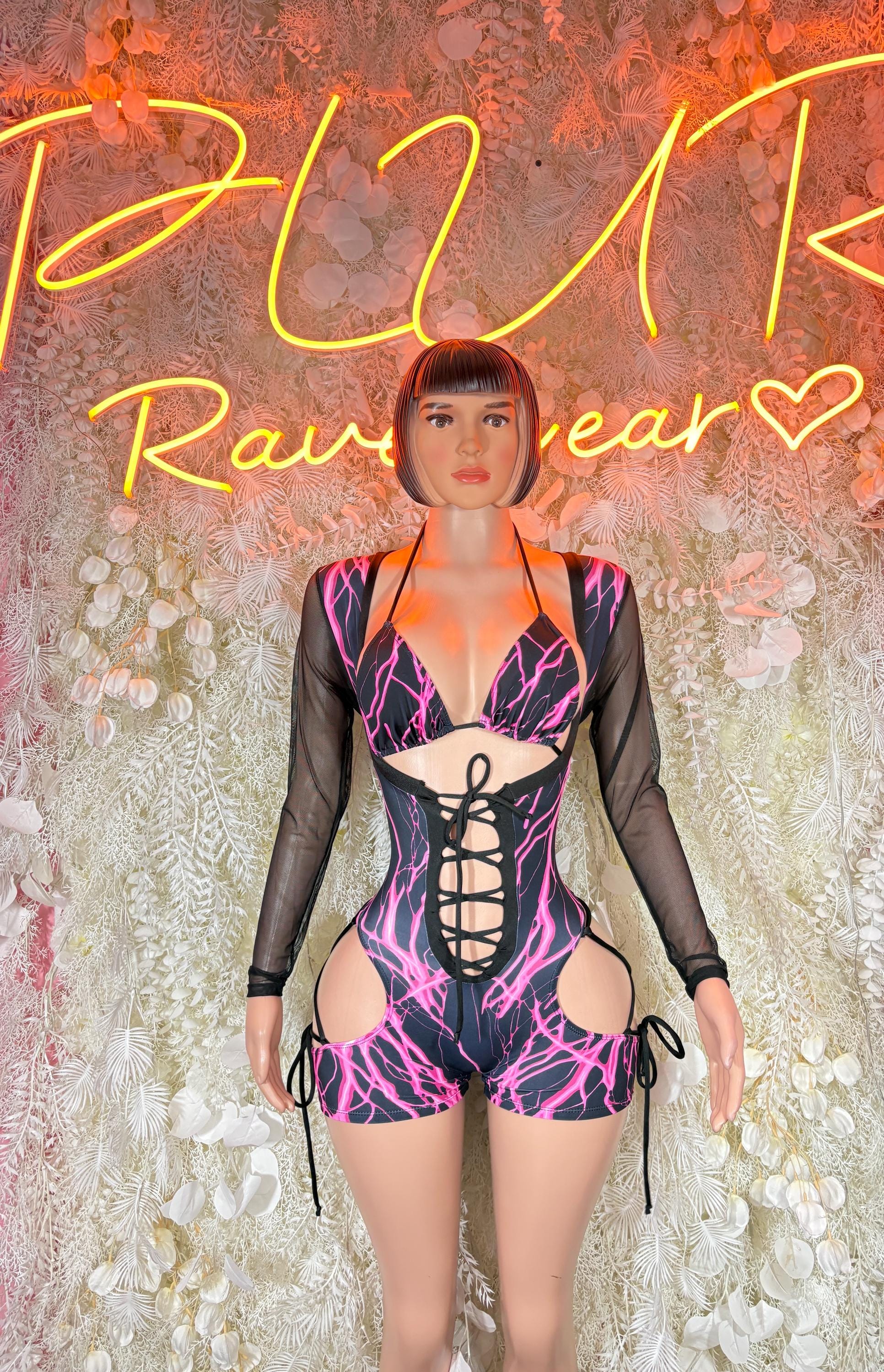 Bottlegirl lightning-bolt lace-up romper, sheer long sleeves, front view