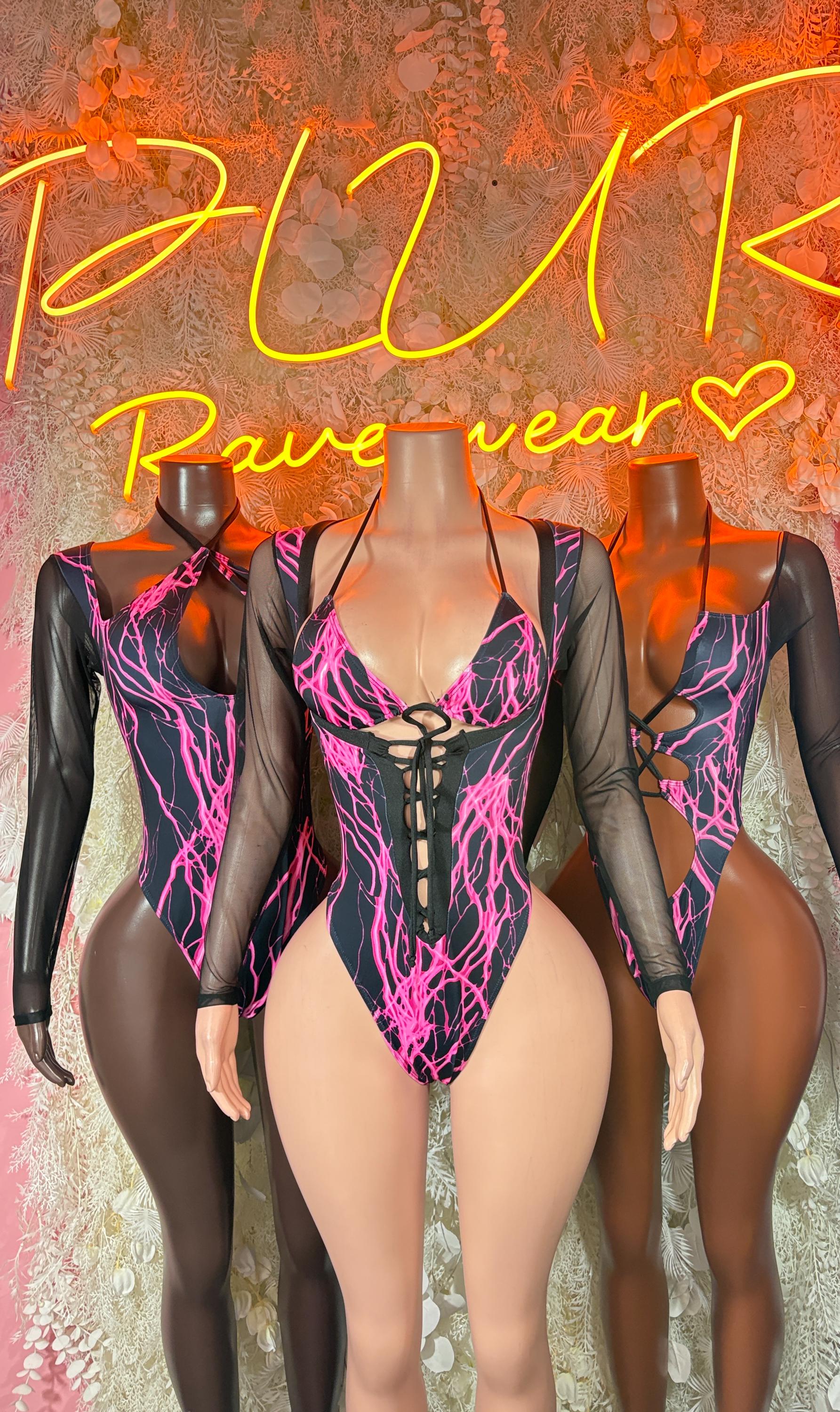 Neon pink lightning bodysuit with long sheer sleeves on two models, front view