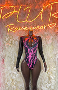 Black sheer long-sleeve bodysuit with neon pink lightning print and high neckline