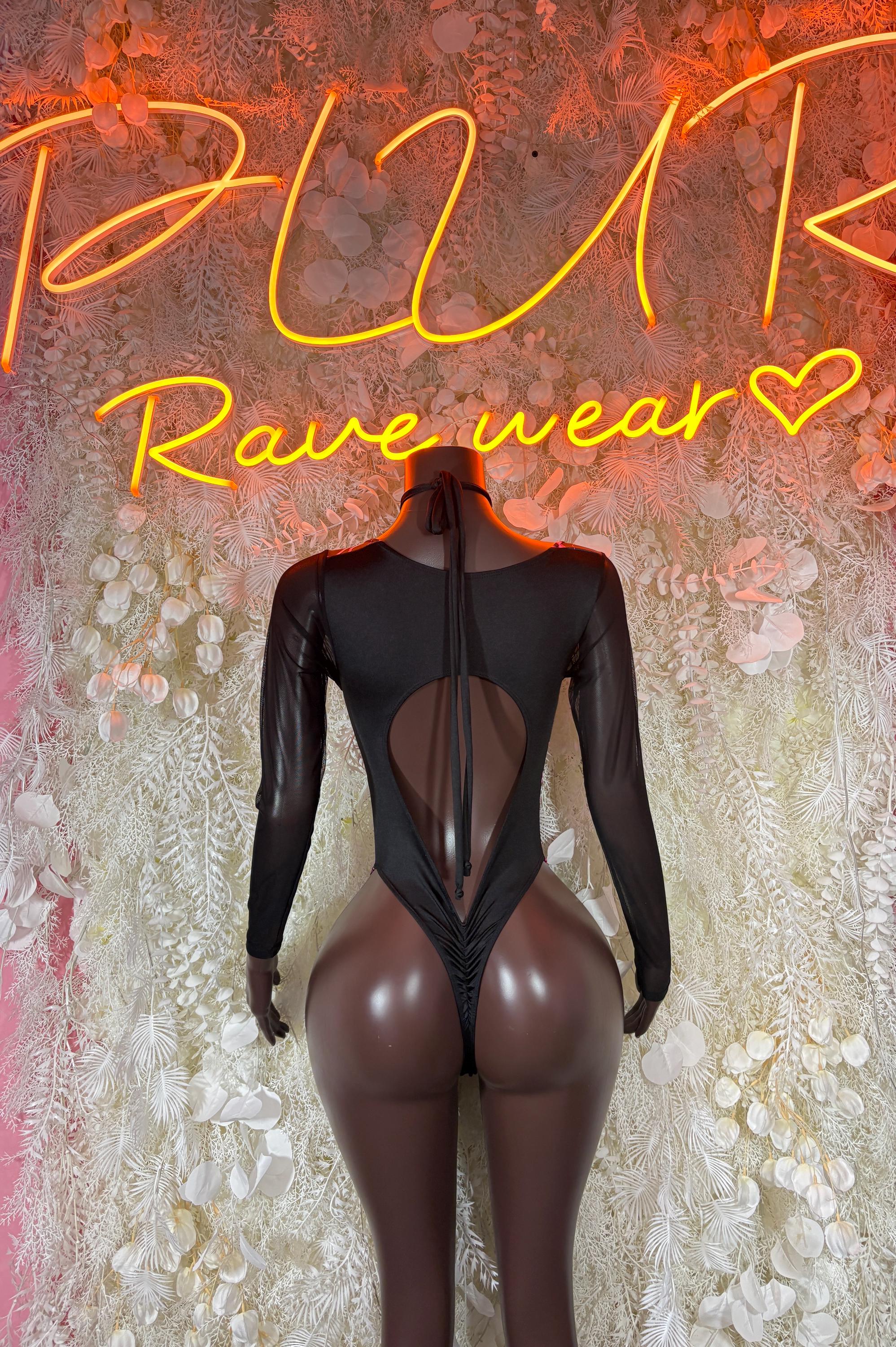 Black sheer long-sleeve bodysuit with open back and neon pink lightning trim, high leg