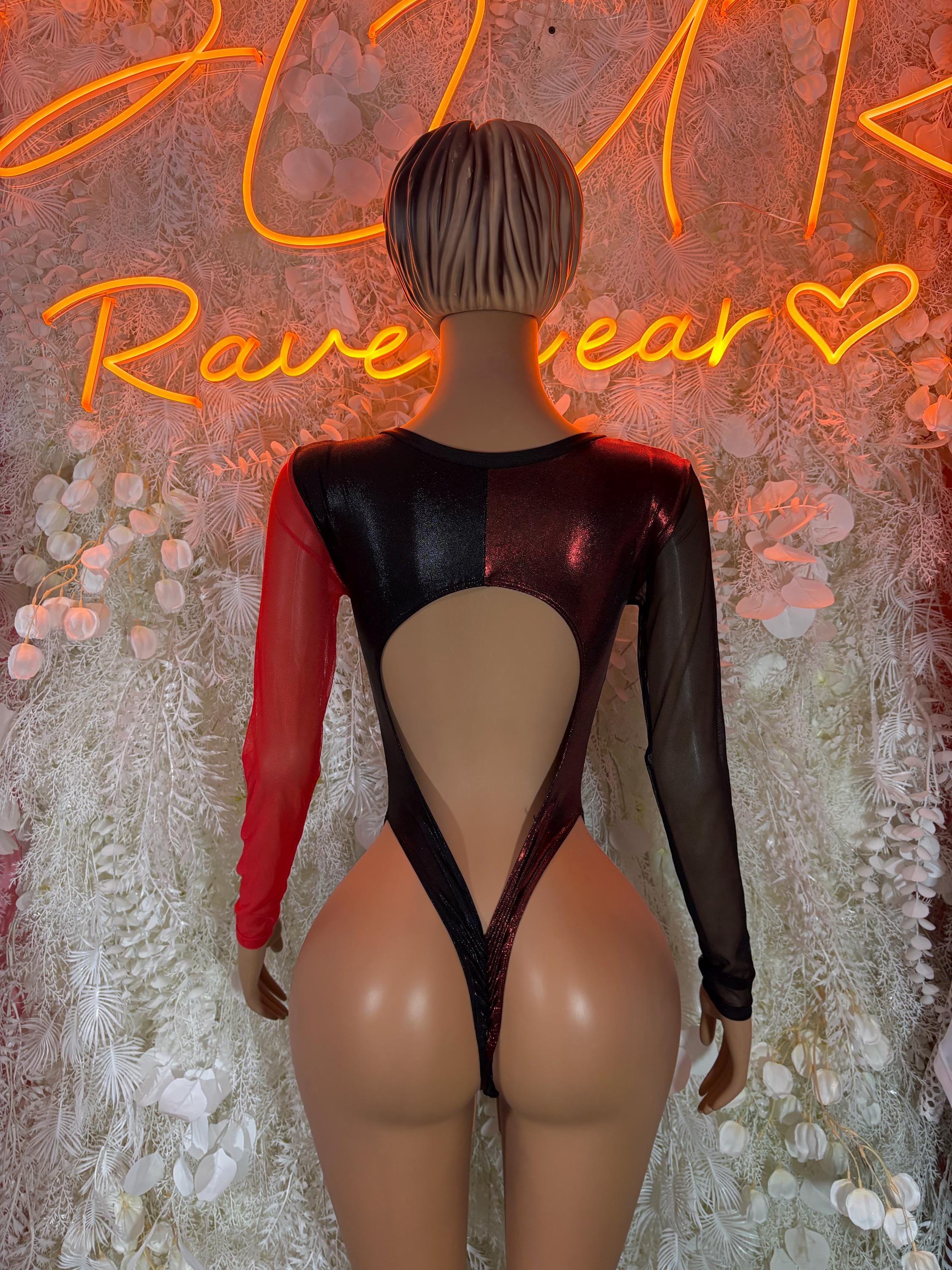 Back view of black and red rave bodysuit with open back and curved cutout