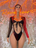 Black and red cutout lace-up bodysuit with long sleeves and bow-tied front