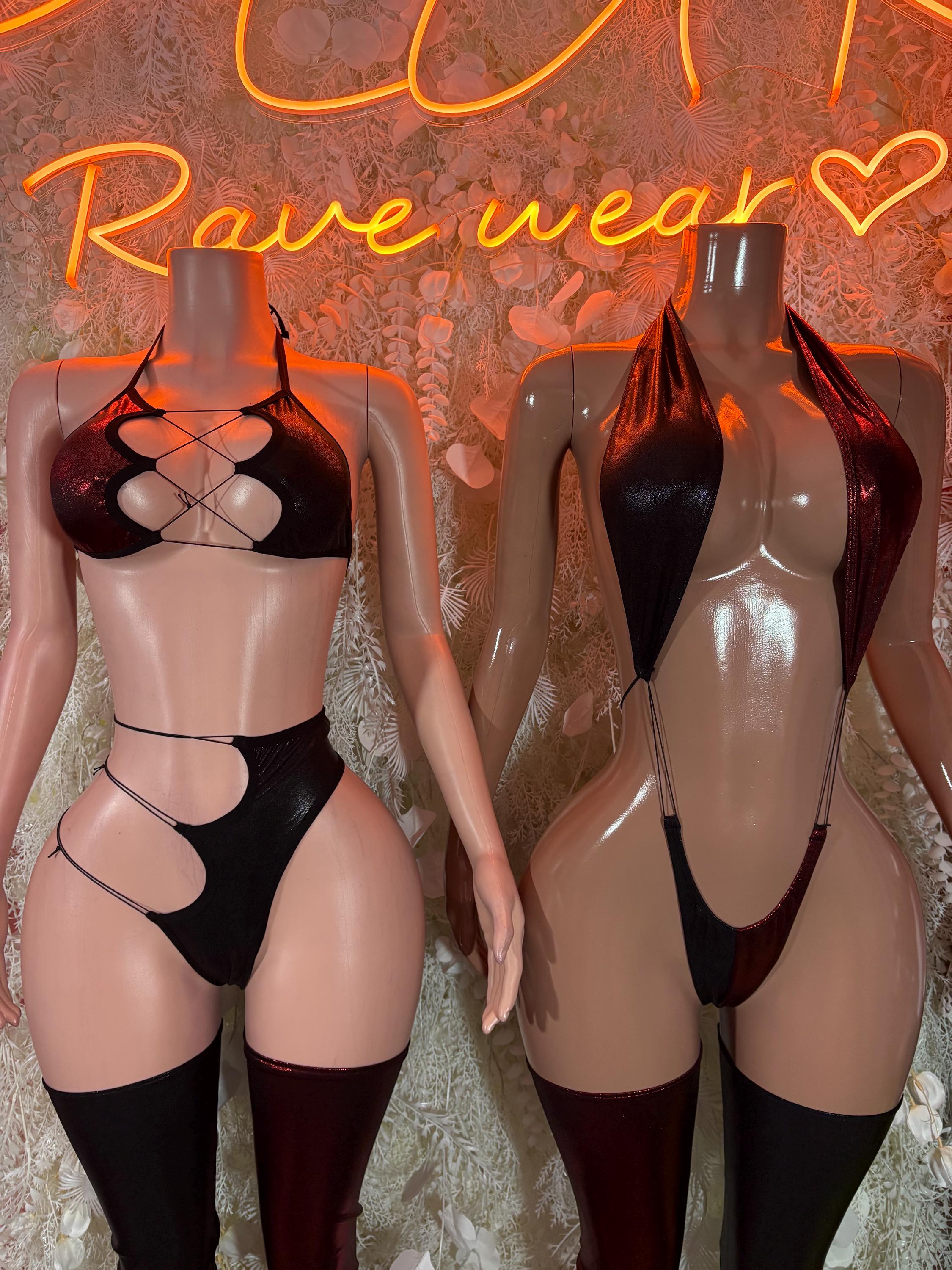 Black strappy rave lingerie set with matching bottoms and thigh-high stockings, back and front