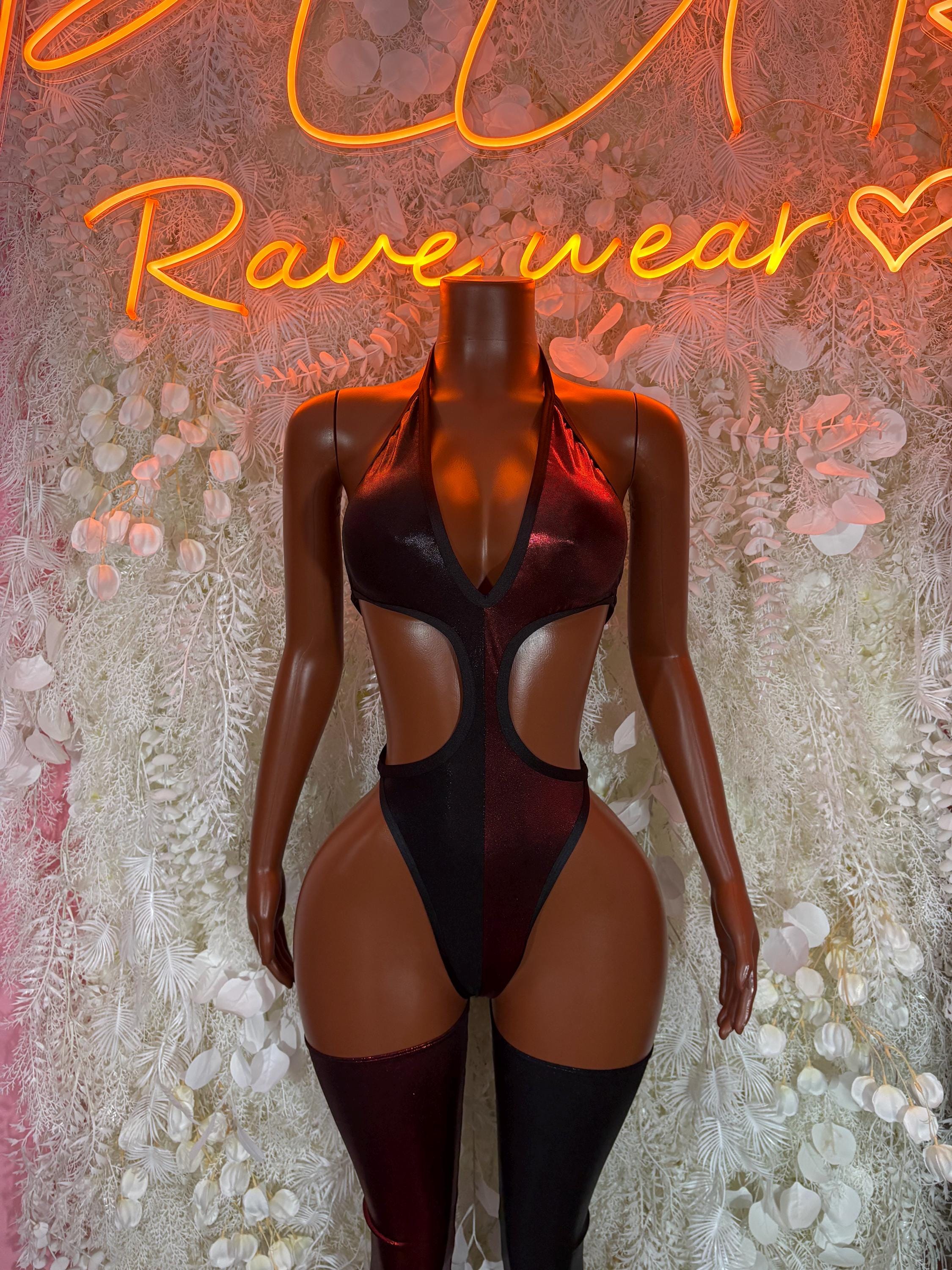 Rave bodysuit costume set with halter neckline and cutout sides, dark red/black