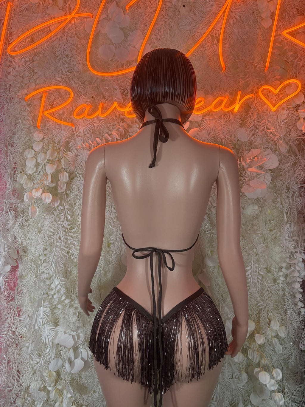Dark fringe two-piece set, back view: open tie halter top and fringe bottoms