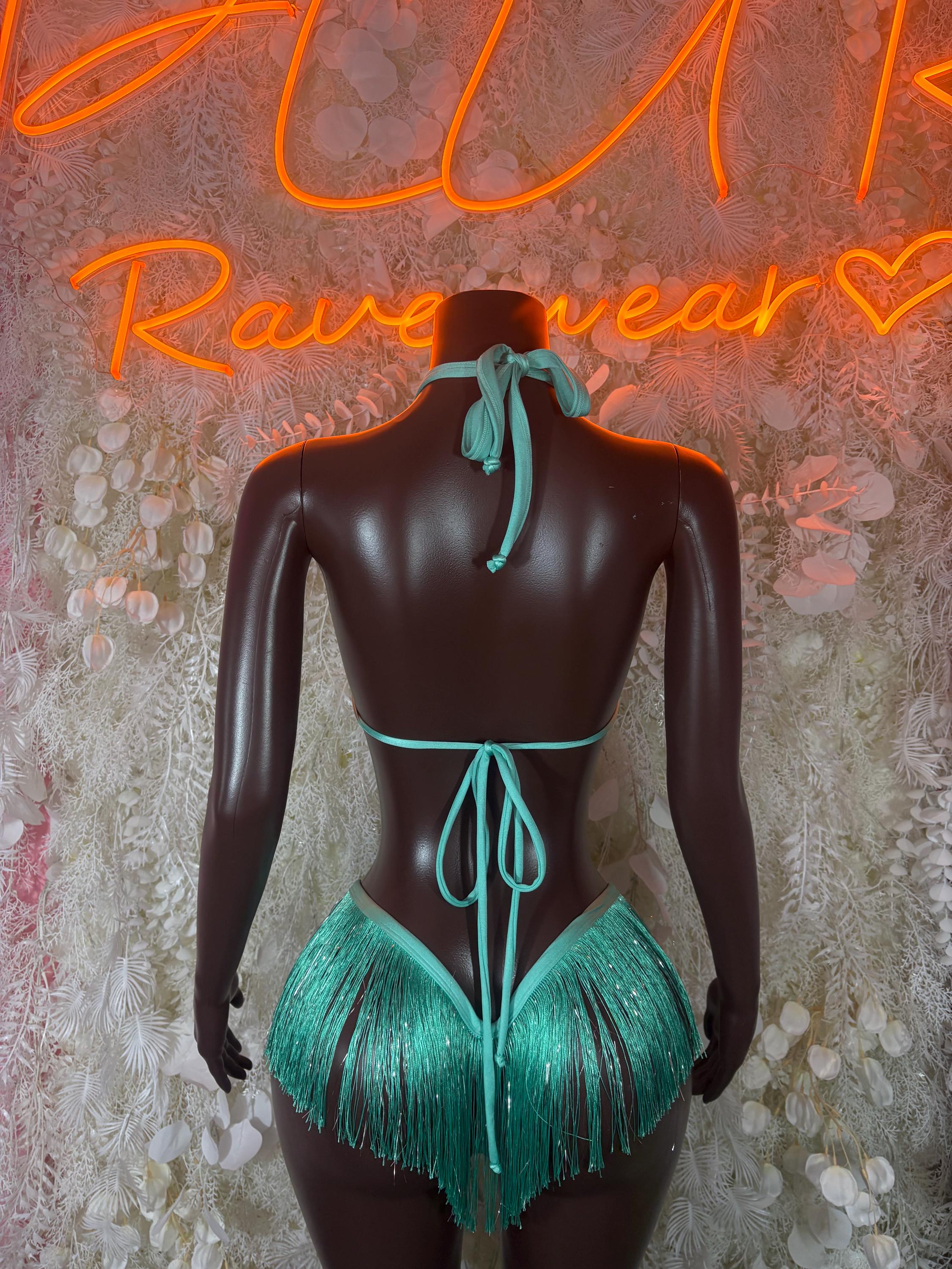 Turquoise fringe two-piece set with halter back and string-tied thong bottoms, back view