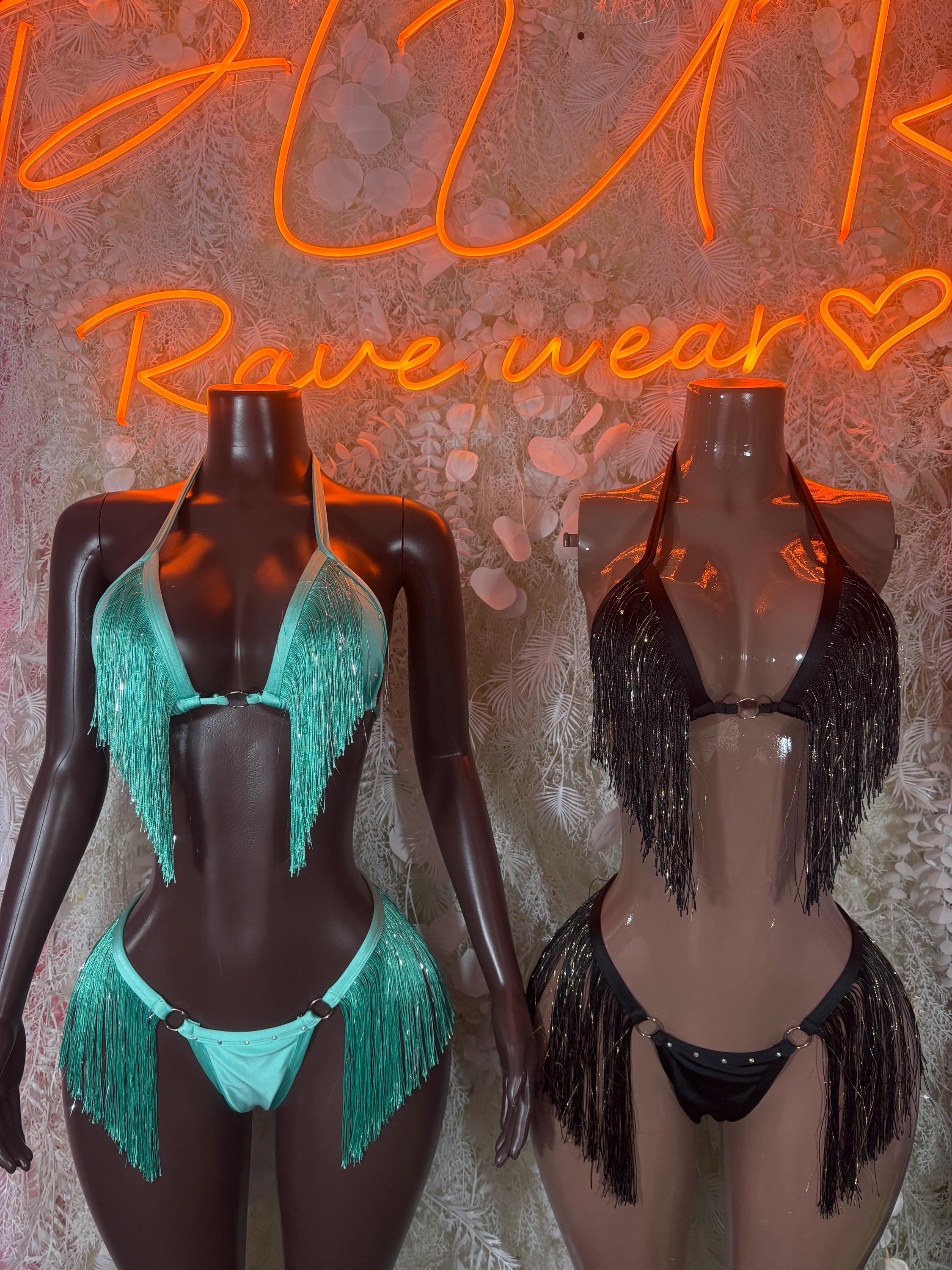 Turquoise and black fringe two-piece sets on mannequins, halter bras and thongs