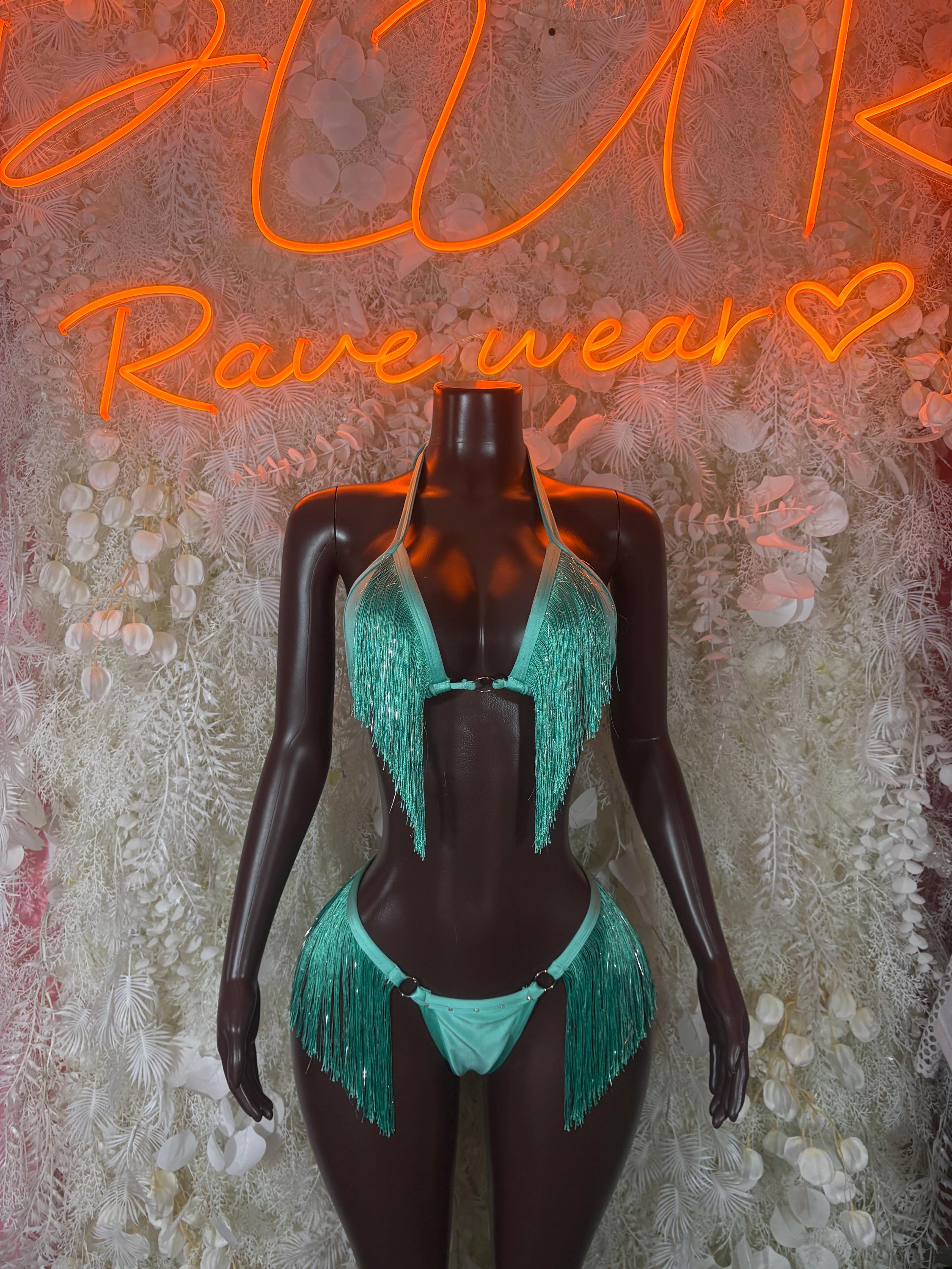 Turquoise fringe two-piece set with halter bra and matching thong bottoms, front view