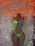 Rave bodysuit with black mesh and neon green straps, front view