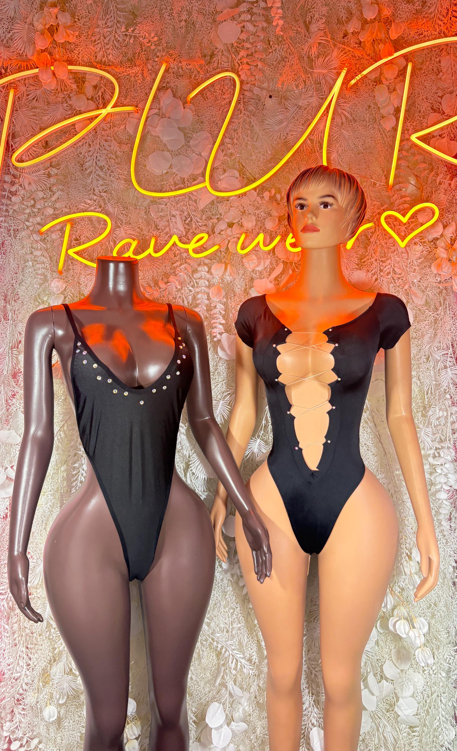 Black bodysuit front set: deep-V short-sleeve and sheer lace-front