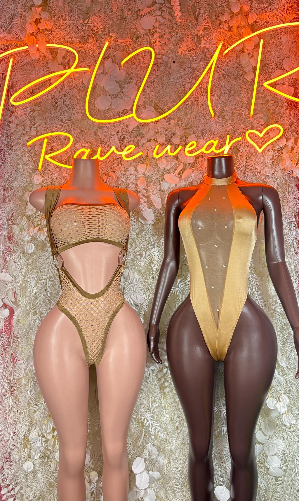 Gold fishnet bodysuit front and back, halter top with high-cut openings