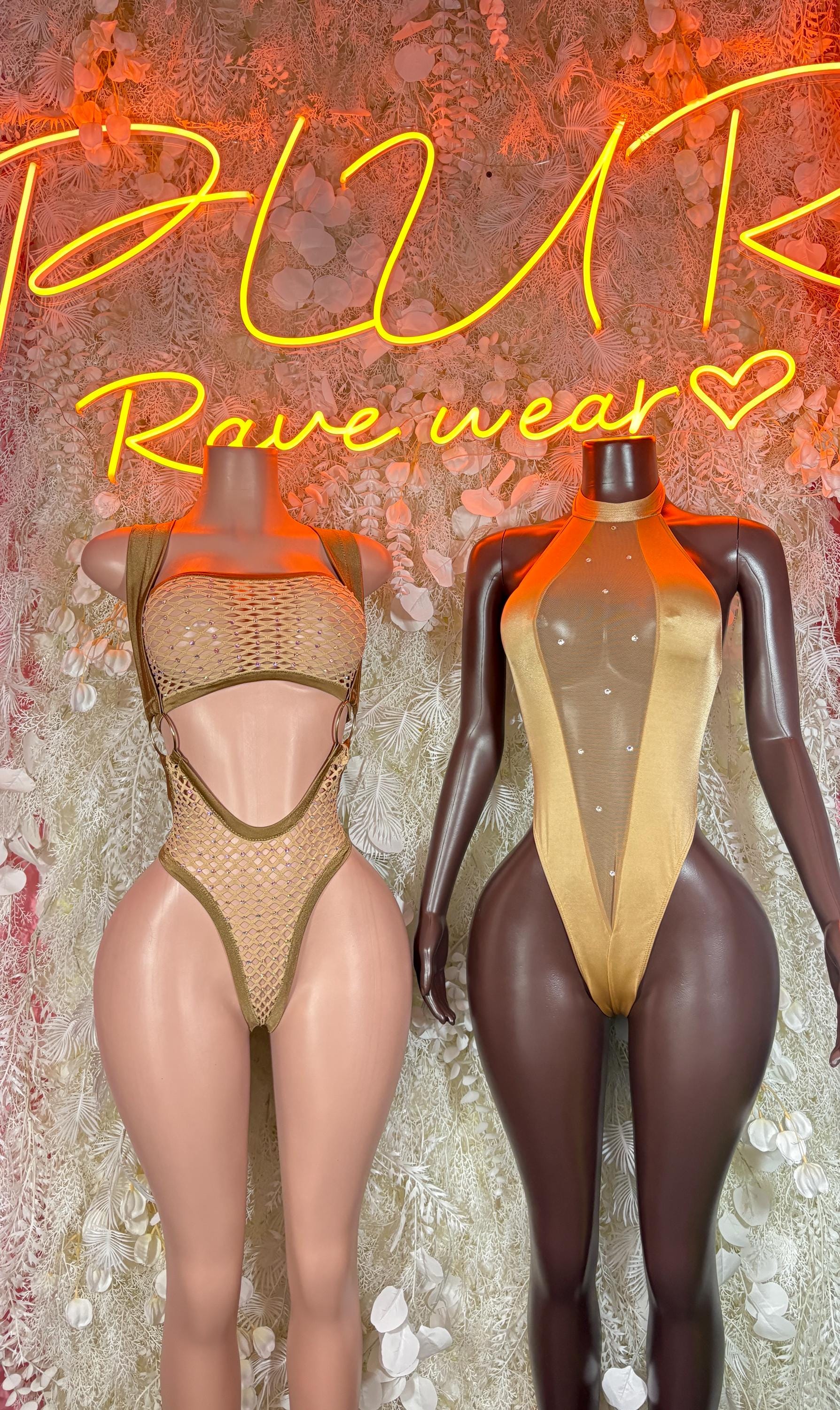 Gold fishnet bodysuit front and back, halter top with high-cut openings