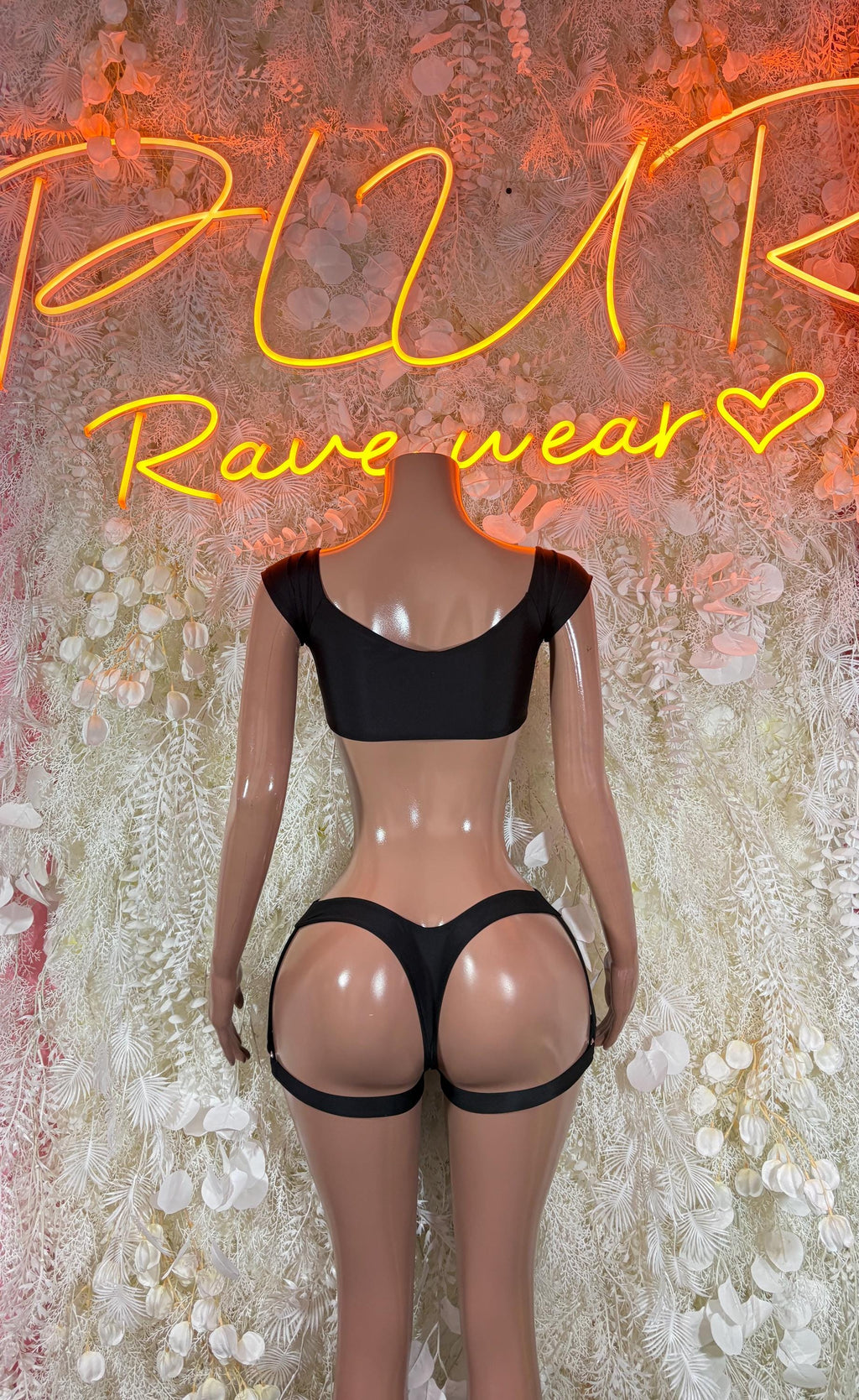 Black two-piece rave bodysuit with scoop neck top and leg garter straps