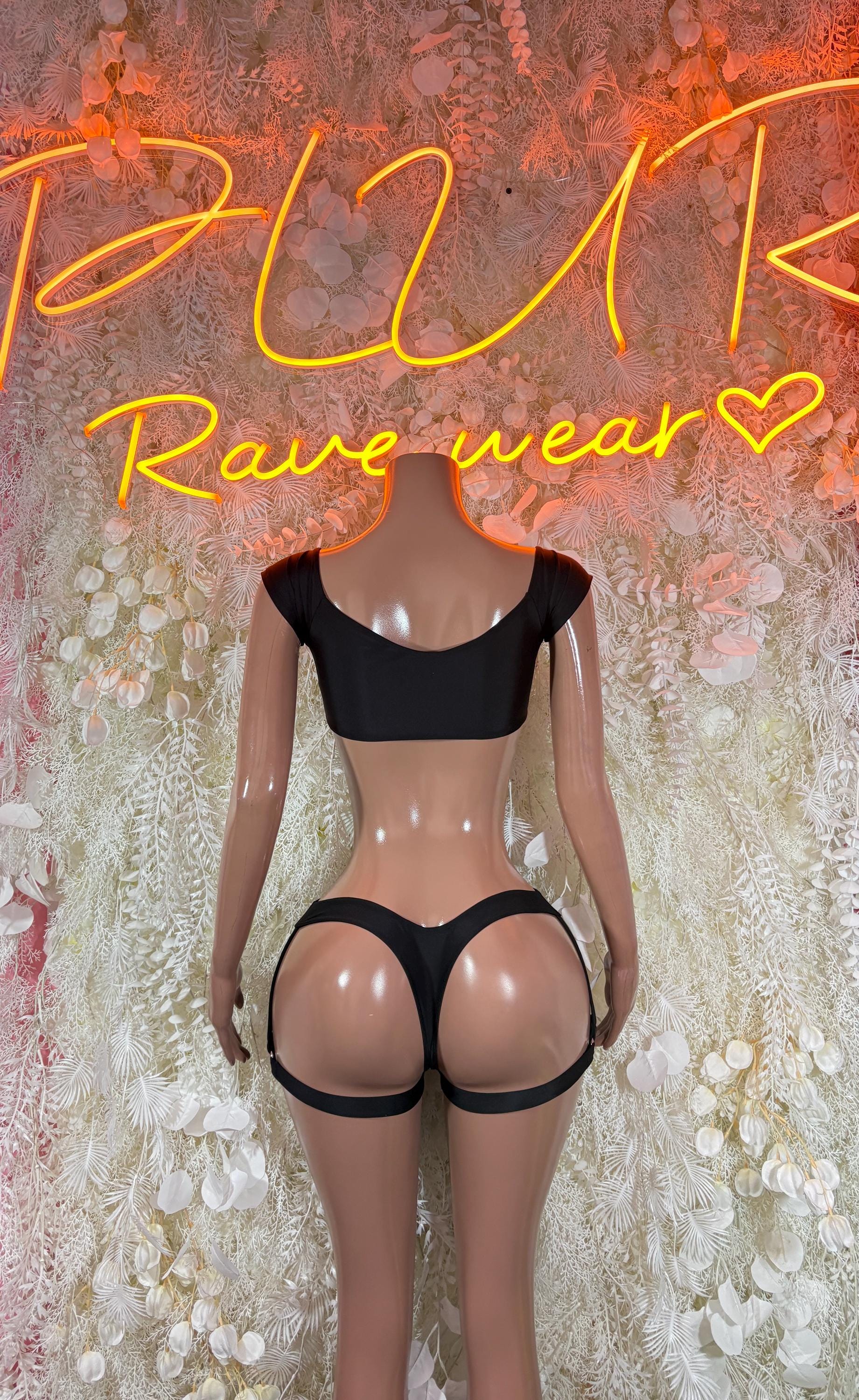 Black two-piece rave bodysuit with scoop neck top and leg garter straps