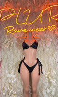 Black two-piece bikini with triangle cups and tie-side bottoms