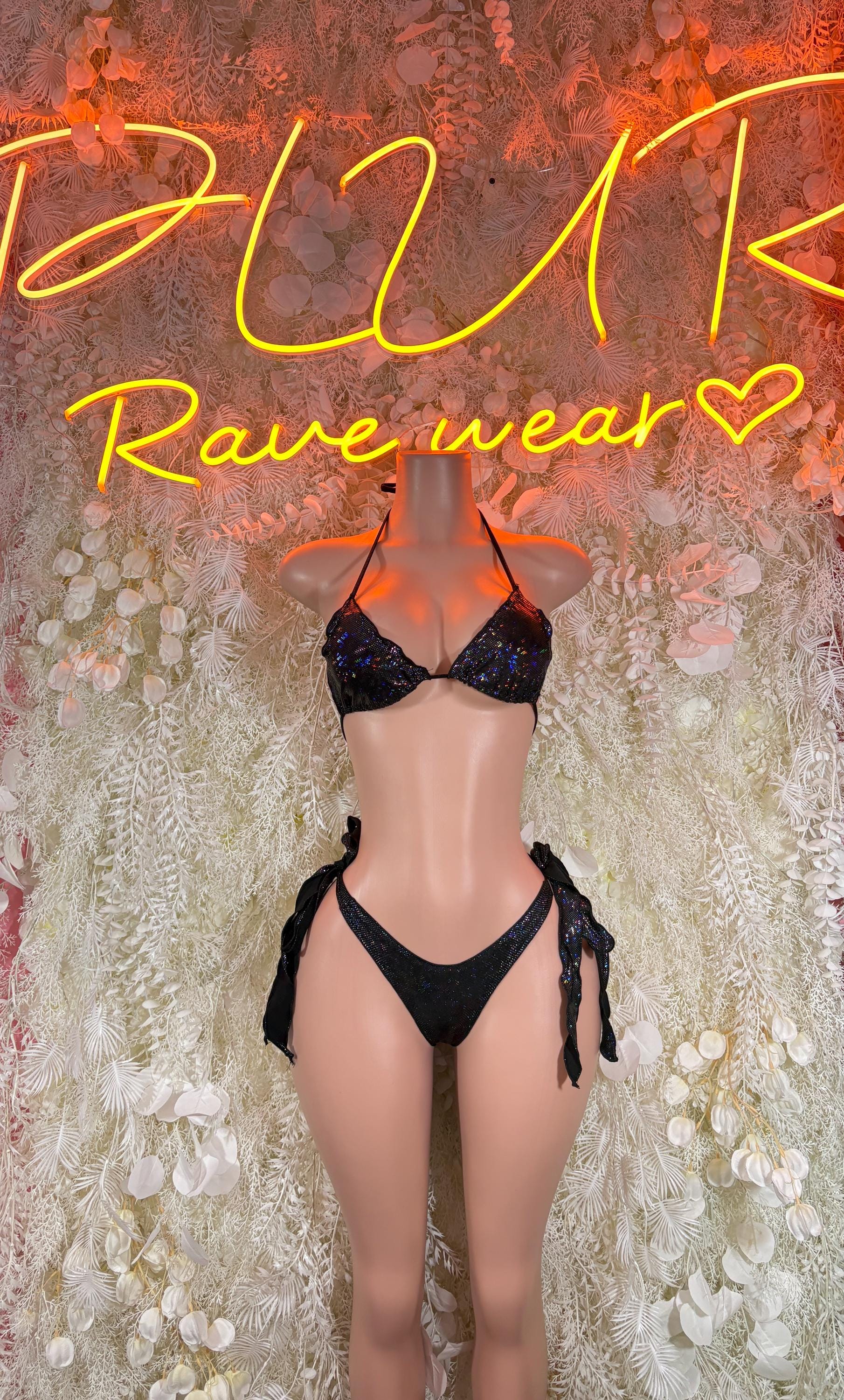 Black two-piece bikini with triangle cups and tie-side bottoms