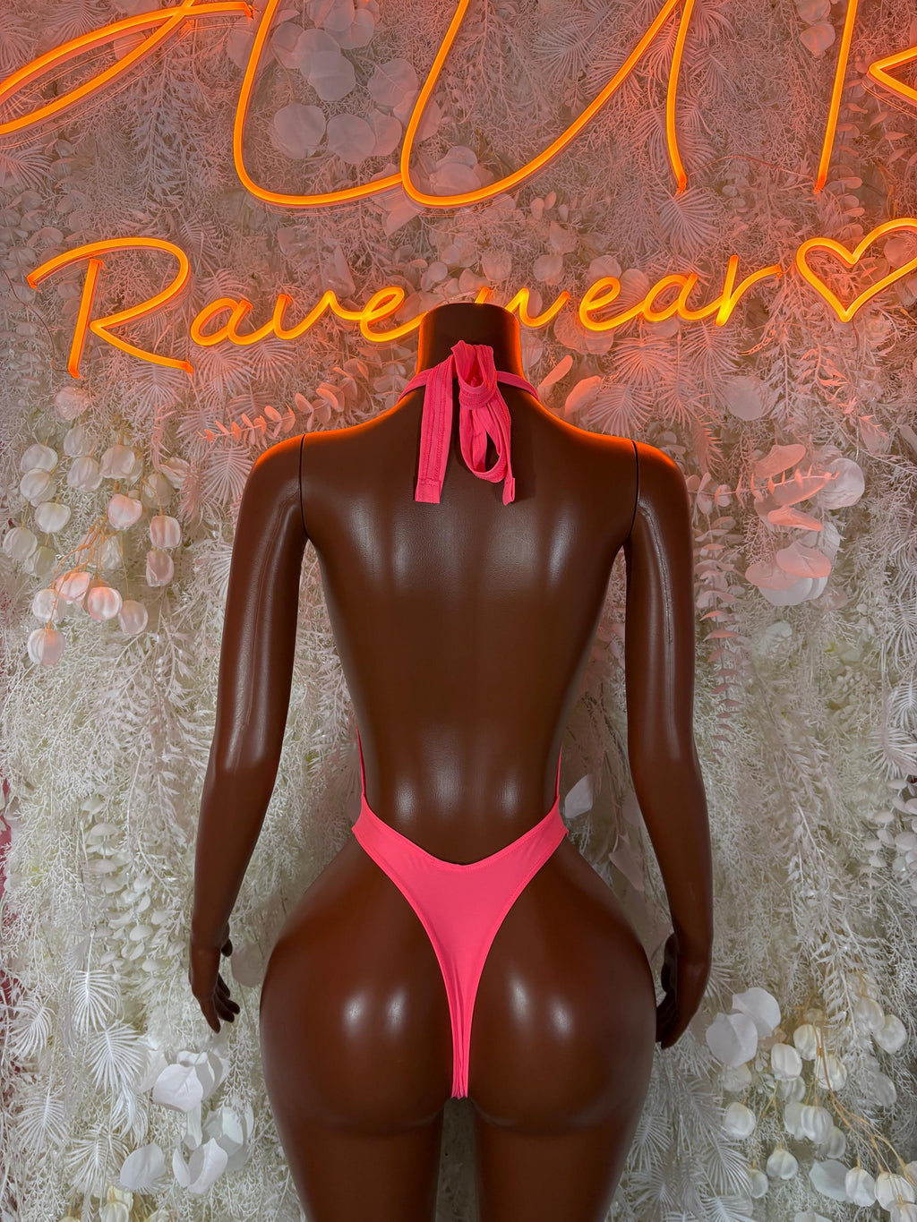 Pink coral rhinestone bodysuit, tie-back string detail with V-cut back