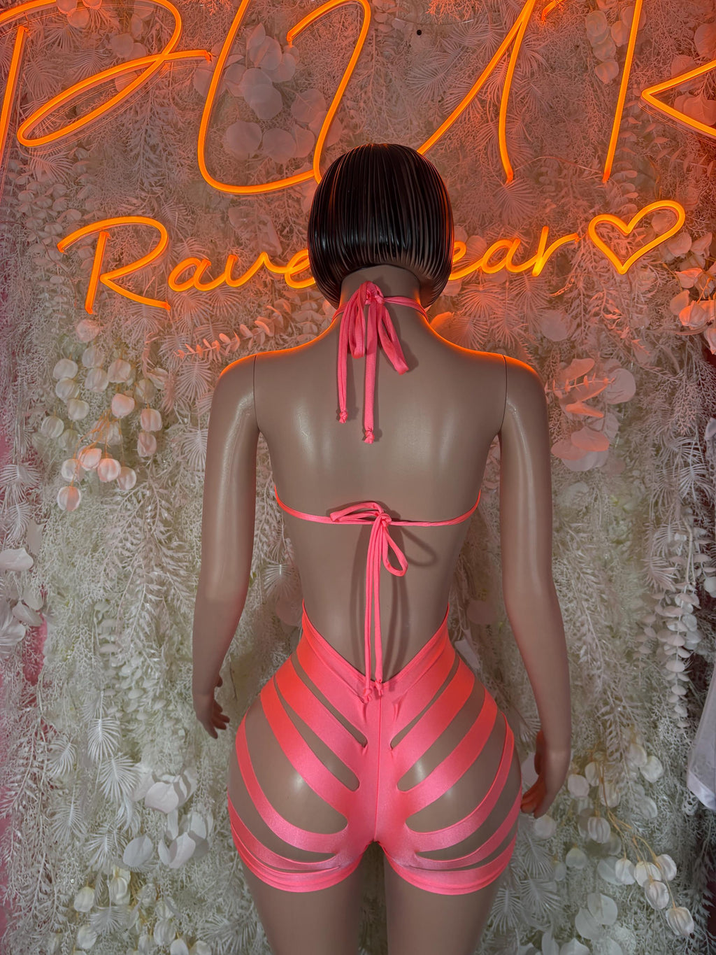 Coral backless halter bodysuit with tie straps and open striped waist