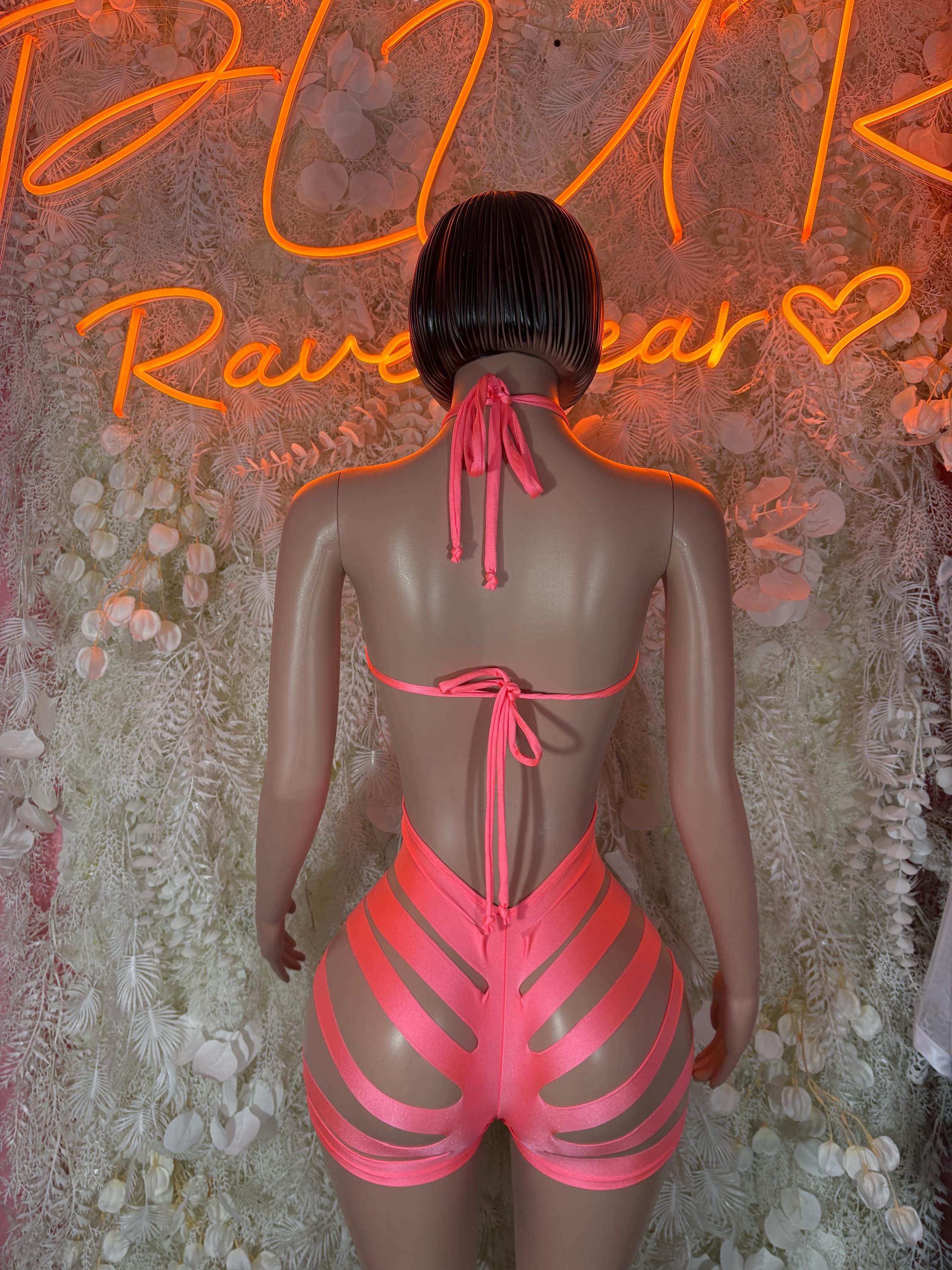 Coral backless halter bodysuit with tie straps and open striped waist