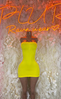 Neon yellow strapless mini dress with bodycon fit, straight neckline