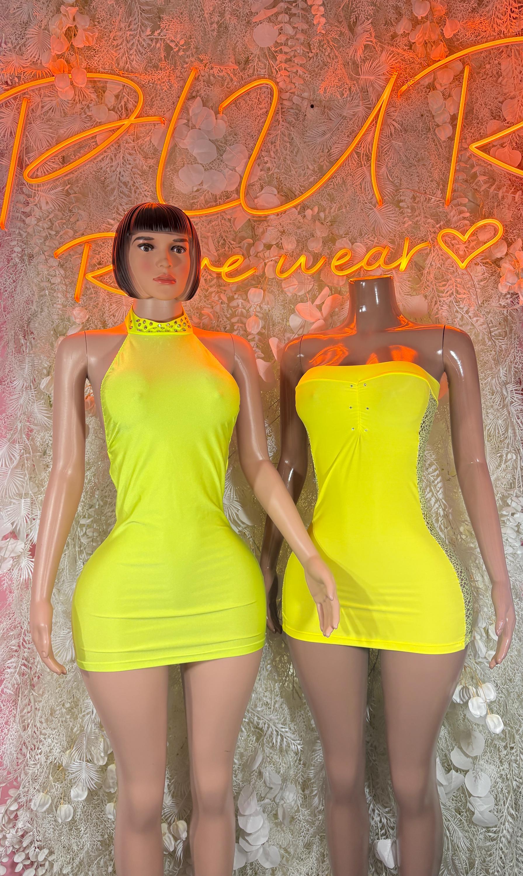 Neon yellow halter mini dress, front and back side-by-side, sleeveless bodycon