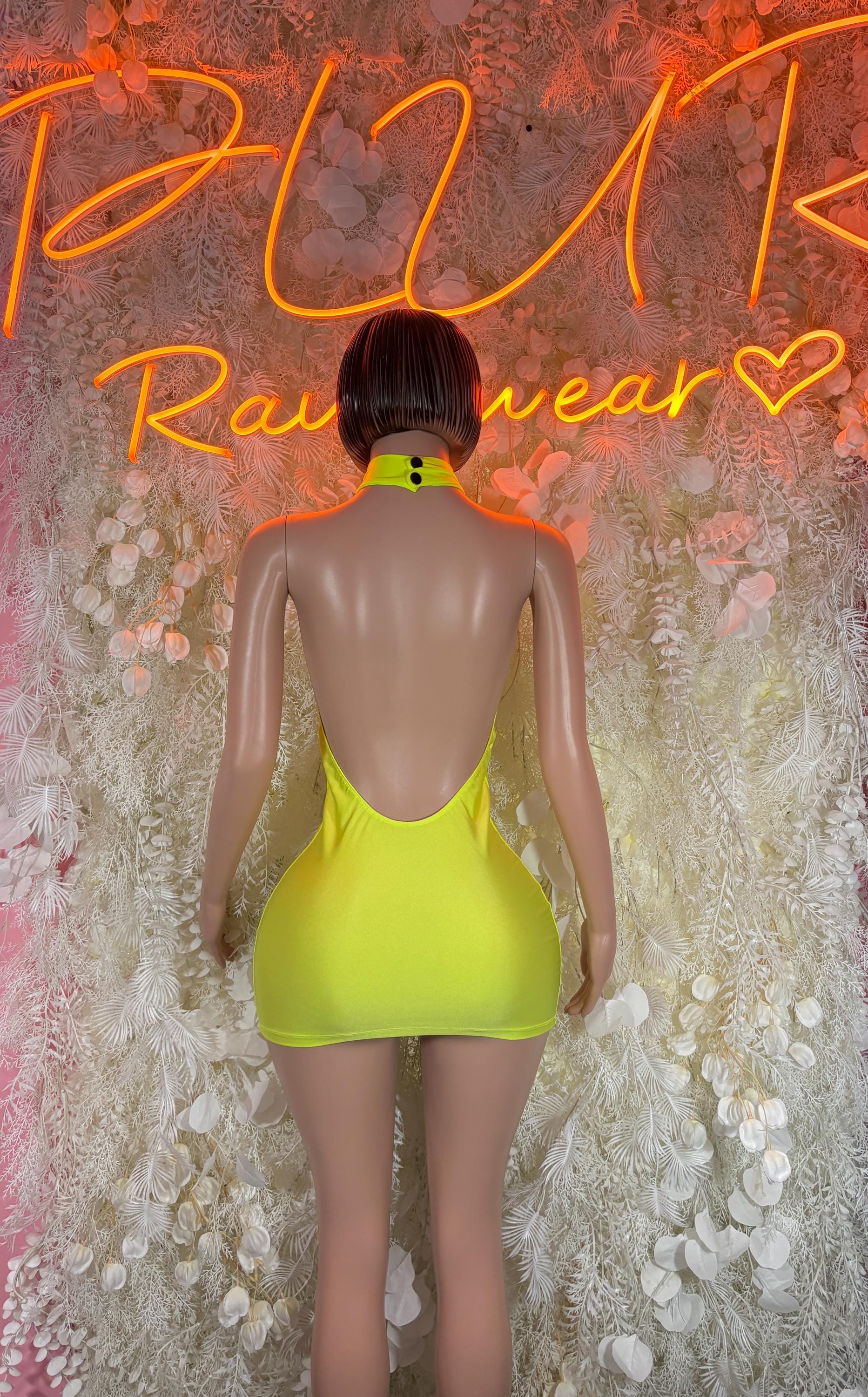Neon bodycon mini dress back view, sleeveless high neck, neon yellow-green tone