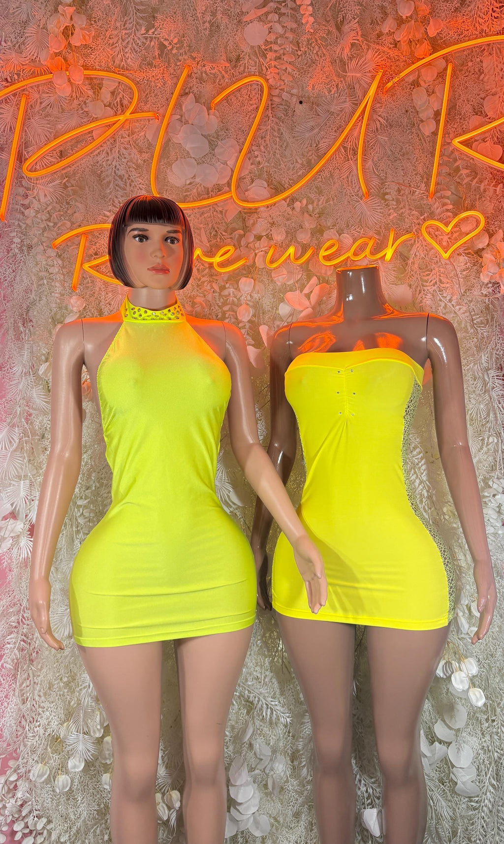 Neon rave mini dress set, front and back views, sleeveless high neck, yellow-green