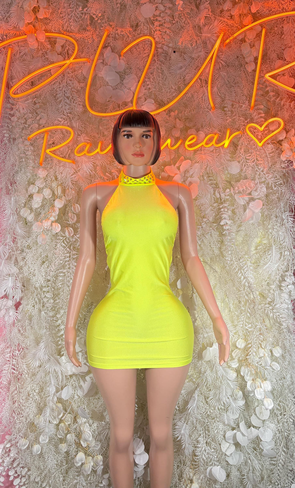 Neon bodycon mini dress, sleeveless high neck, neon yellow-green color