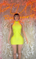 Neon bodycon mini dress, sleeveless high neck, neon yellow-green color