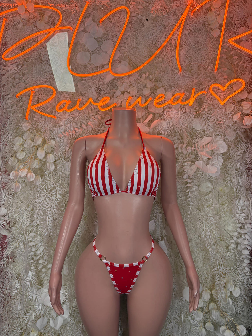 Red and white striped bodysuit with triangle bra and high-cut bottoms, tie sides