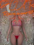 Red and white striped bodysuit with triangle bra and high-cut bottoms, tie sides