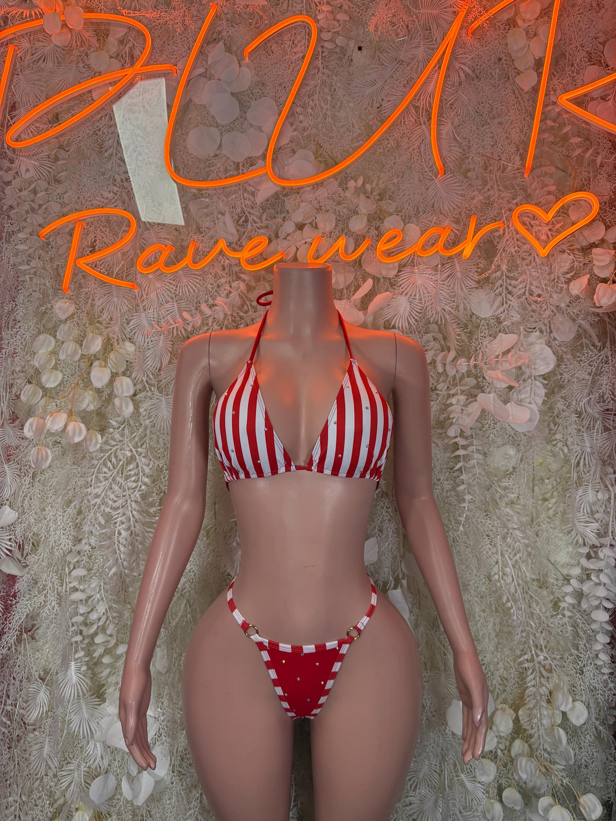 Red and white striped bodysuit with triangle bra and high-cut bottoms, tie sides