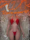 Red and white check candy-cane bodysuit with tied halter and back straps