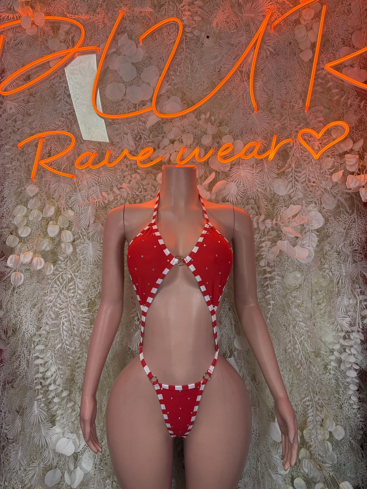 Red and white check candy-cane bodysuit with tied halter and back straps