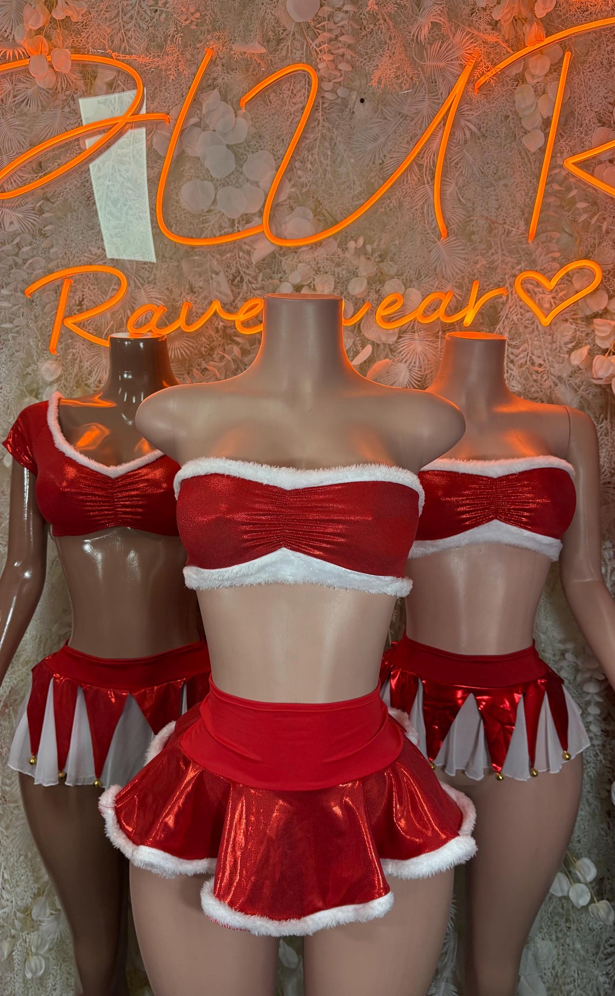 Santa skirt set with red strapless crop top and flared red mini skirt, white trim