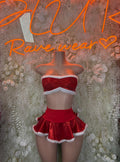 Red Santa skirt set with strapless crop top and white faux-fur trim, bow front