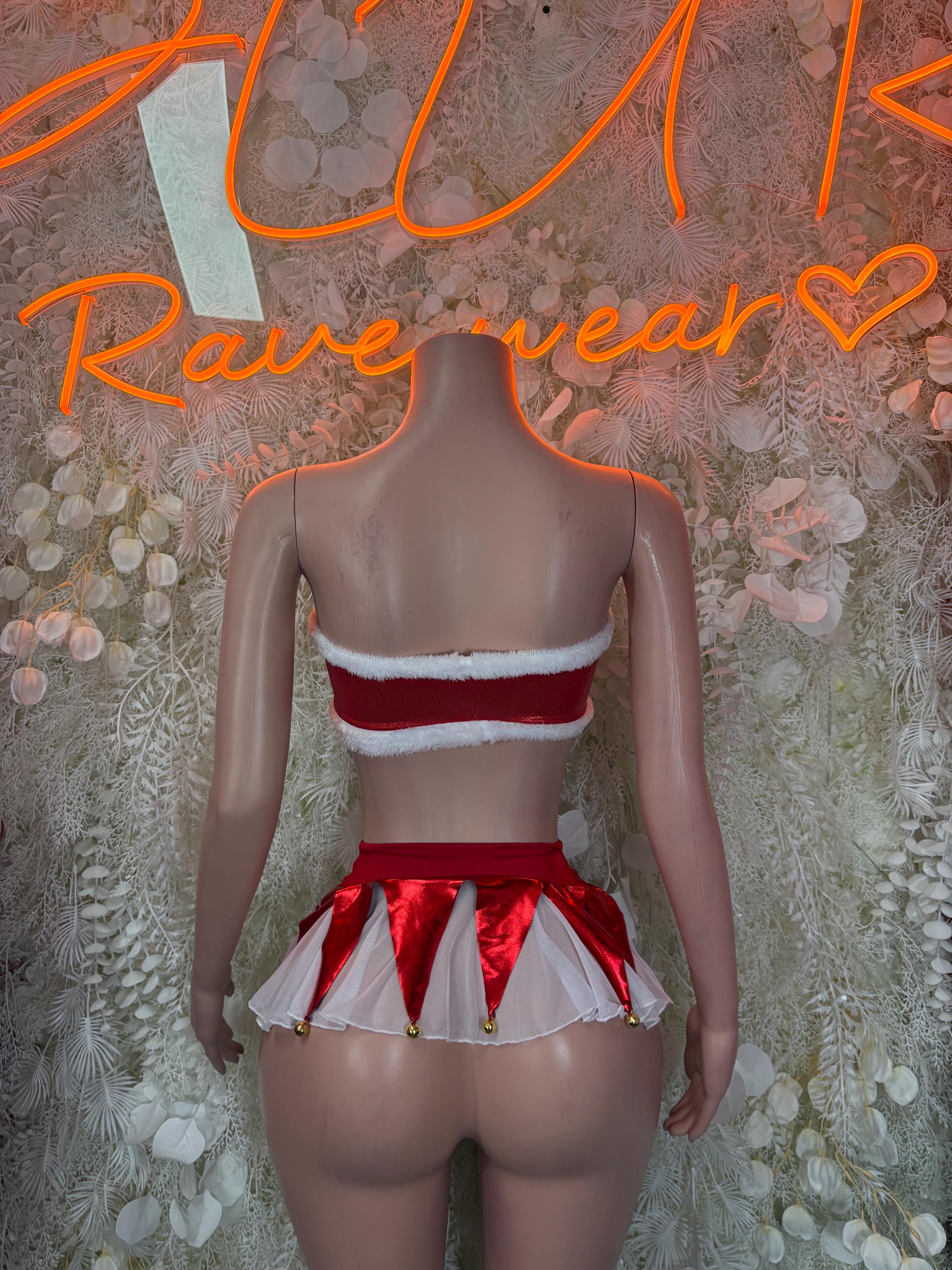 Back view of red and white bandeau top and layered mini skirt set
