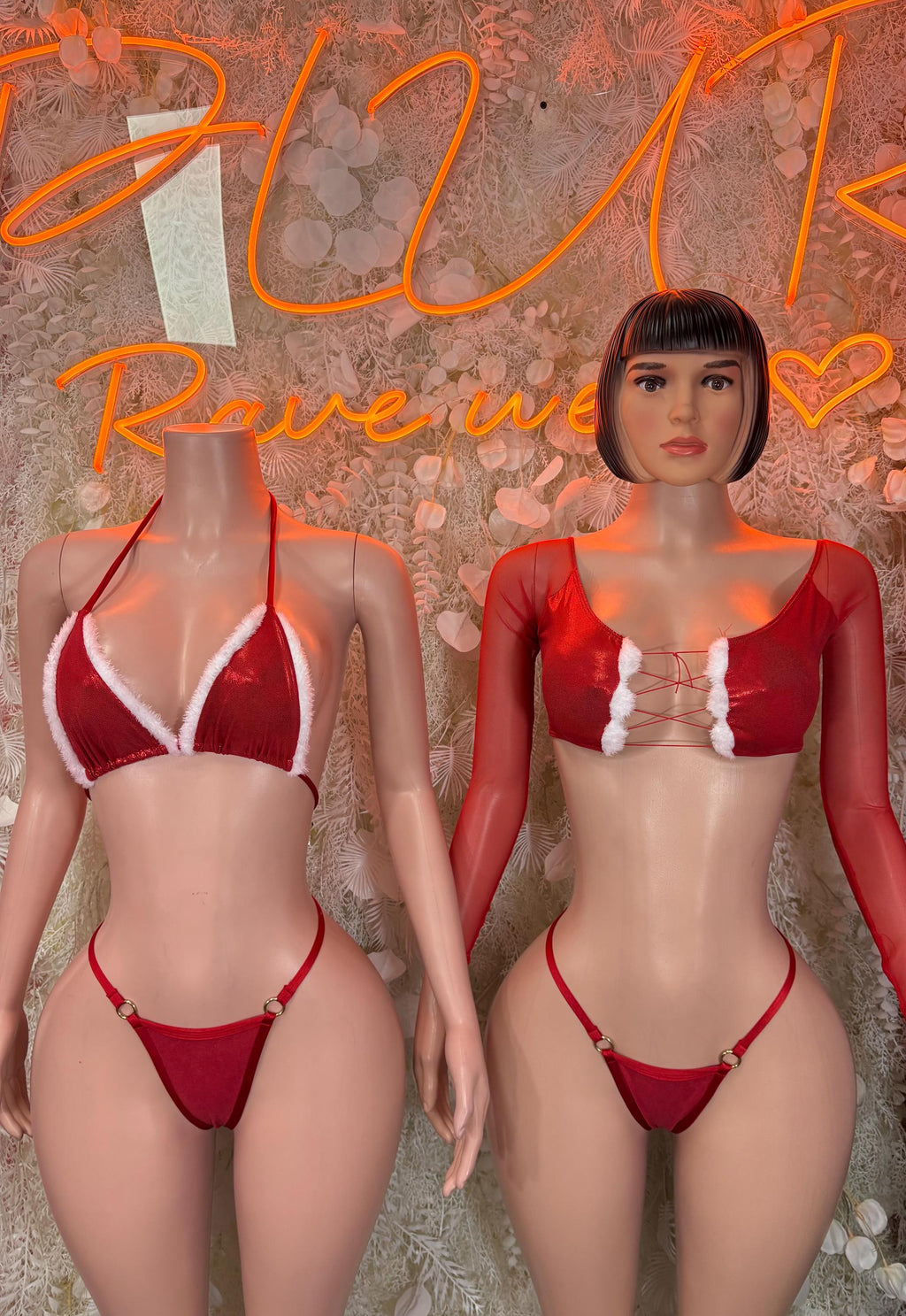 Red and white ruffled triangle bra with high-cut matching thong costume