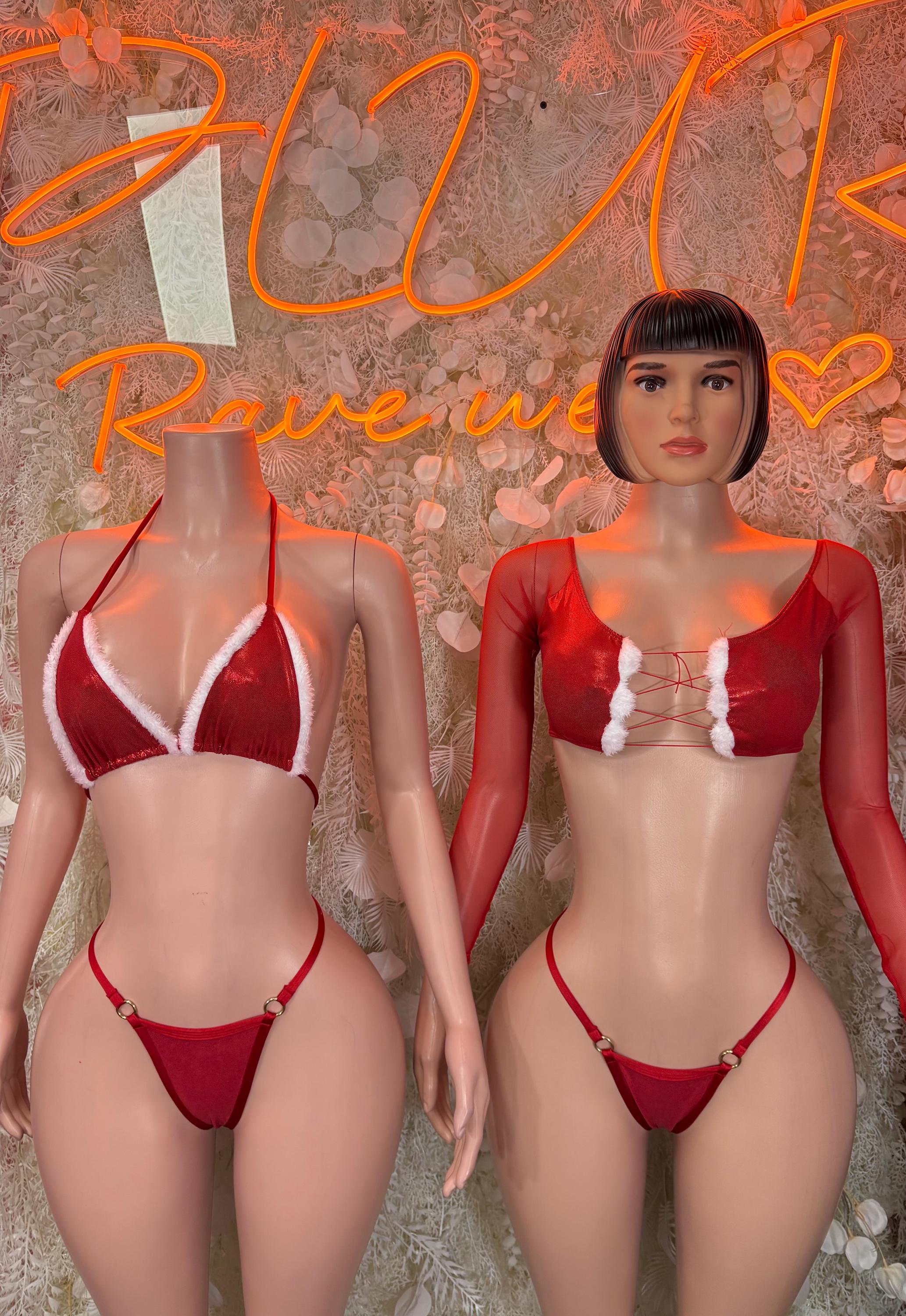 Red and white ruffled triangle bra with high-cut matching thong costume
