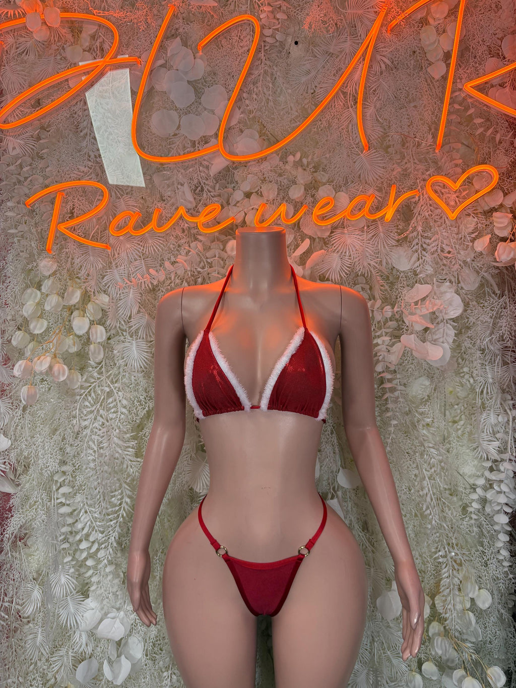 Red and white triangle bra with matching high-cut thong costume set