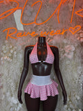 Pink and white check halter bikini top with ruffled mini skirt two-piece set