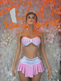 Pink gingham two-piece schoolgirl skirt set with strapless top and pleated mini skirt
