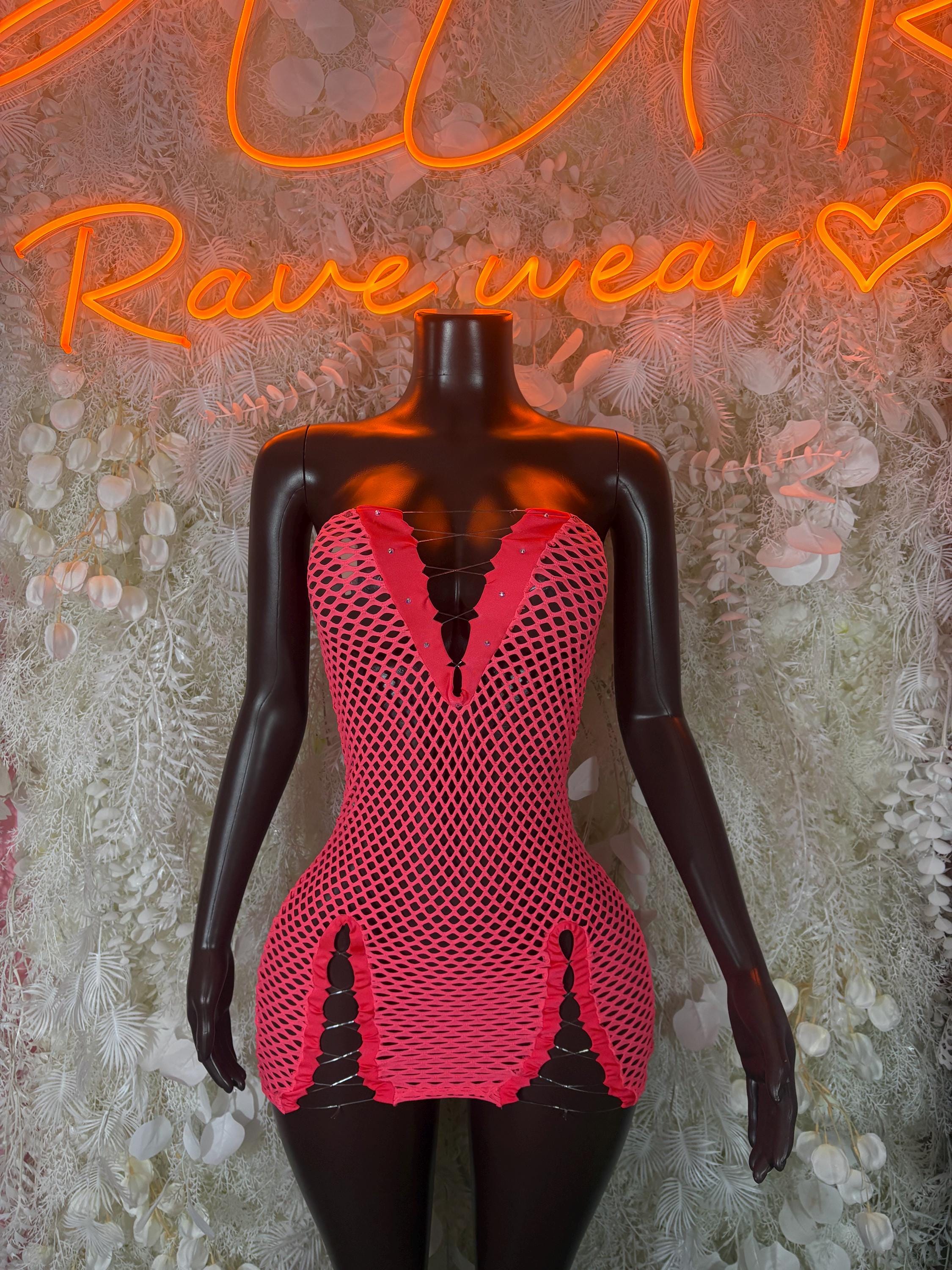 Pink fishnet mini dress with strapless sweetheart neckline and corset-style seams
