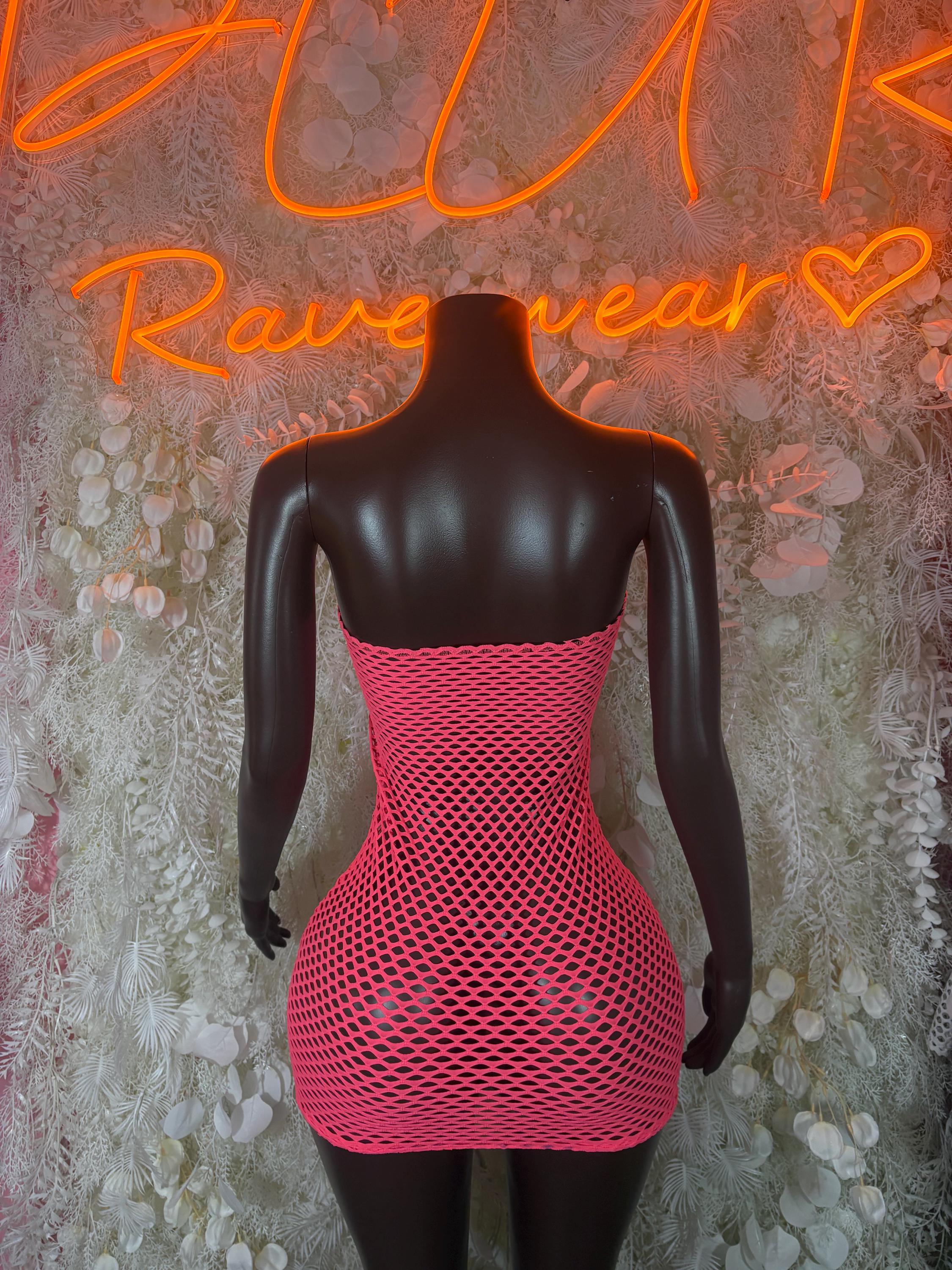 Pink fishnet mini dress with strapless back and crisscross mesh pattern