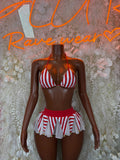 Red and white striped bra with ruffled skirt, Santa-style costume set